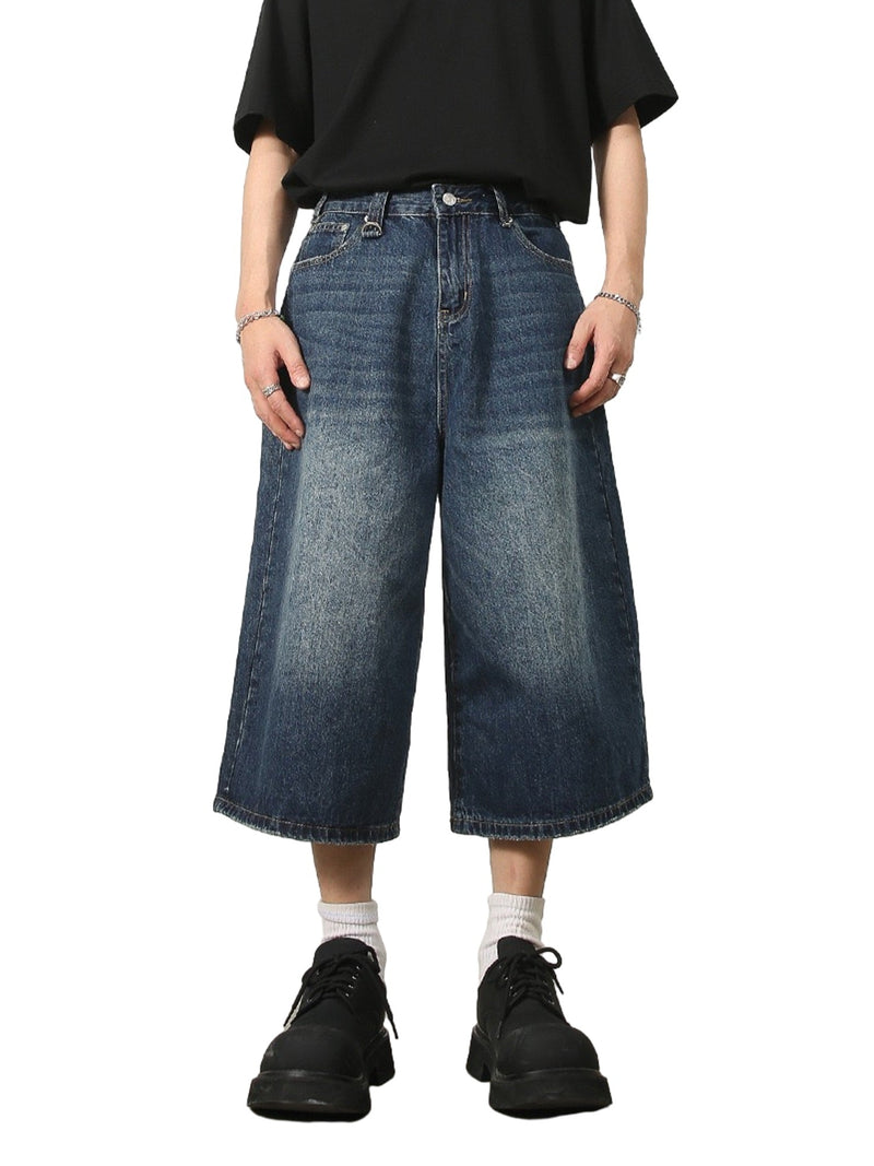 Retro Ripped Blue Straight Wide Leg Jort