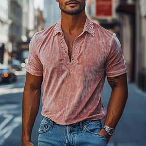 Men's Spring Fashion V-neck Lace Stitching Velvet Short-sleeved POLO Shirt