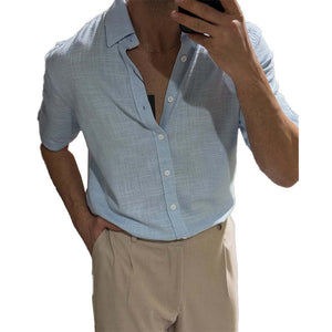 Men's Cotton And Linen Short Sleeve Casual Lapel Shirt