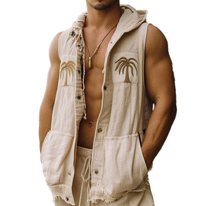 Herren-Kapuzenweste mit Palmblatt-Stickerei und unversäuberten Kanten