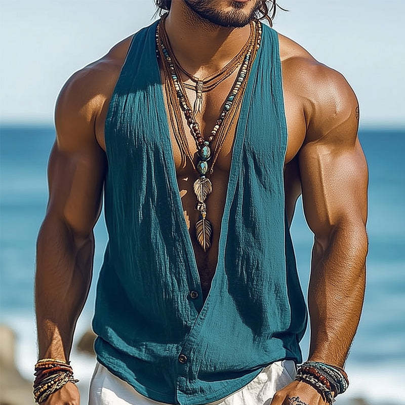 Herren Sommer Basic Tanktop aus Baumwolle und Leinen mit tiefem V-Ausschnitt