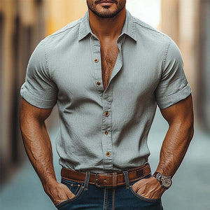 Lässiges Herrenhemd aus Baumwolle und Leinen mit Revers und kurzen Ärmeln 