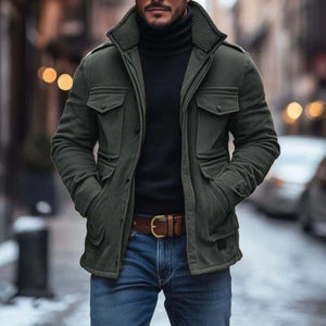 Herren Vintage Wildleder Fleece Kragen Patchwork Multi-Pocket Reißverschluss Mantel