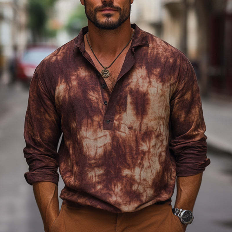 Men's Summer Red Brown Tie-Dye Cotton Casual T-Shirt