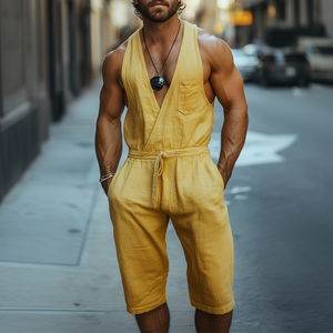 Herren Frühlings- und Sommermode Lässiger tiefer V-Ausschnitt Tanktop aus Baumwolle und Leinen Länge bis zum Knie Shorts Jumpsuit