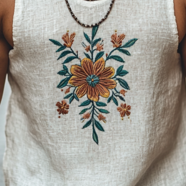 Men's Casual U-Neck Linen Floral Embroidered Slim Fit Tank Top