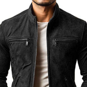 Men's Classic Casual Slim Fit Zipper Multi-Pocket Stand Collar Suede Jacket