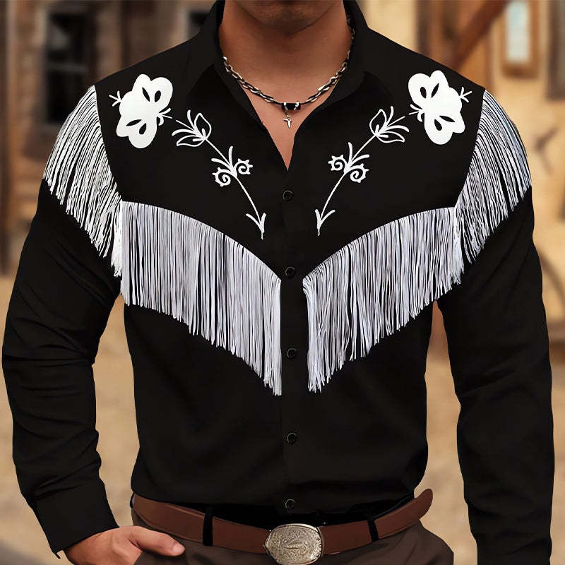 Herren-Langarmhemd aus Baumwolle mit bestickter Quaste im Vintage-Stil