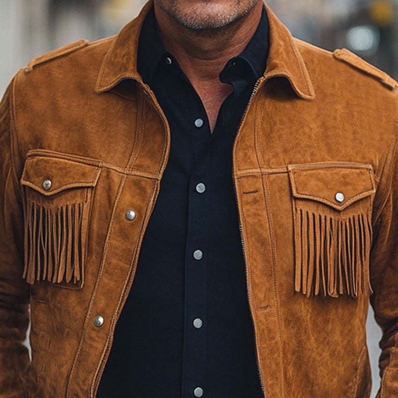 Men's Spring And Autumn Brown Vintage Tassel Suede Jacket