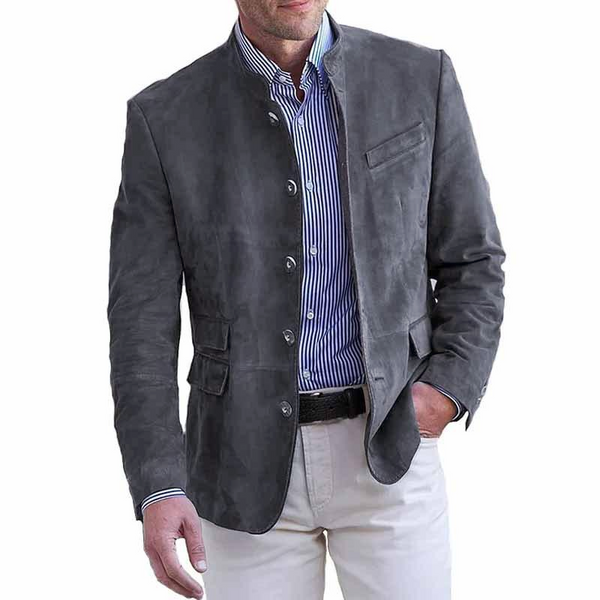 Herren-Blazer im Retro-Stil mit Stehkragen, einreihig, schmaler Passform und mehreren Taschen