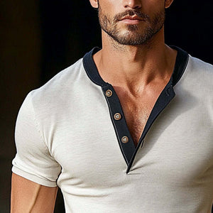 Men's Contrast Color Short Sleeve Henley Neck T-Shirt