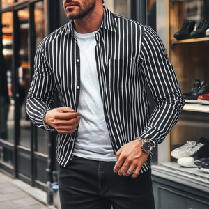 Men's Casual Striped Lapel Loose Long Sleeve Shirt
