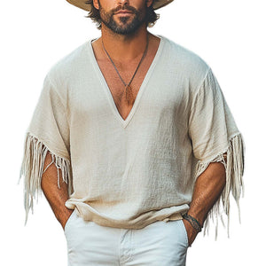 Men's Casual Loose Deep V-Neck Cotton And Linen Tassel T-Shirt
