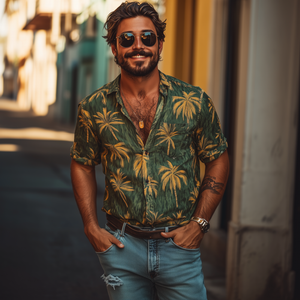 Men's Casual Palm Tree Print Lapel Loose Short Sleeve Shirt
