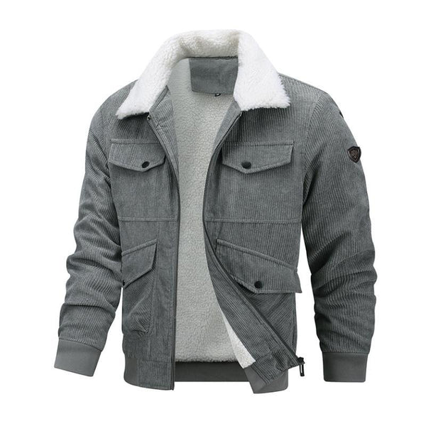 Men's Casual Lapel Corduroy Thickened Lambswool Multi-Pocket Zipper Jacket