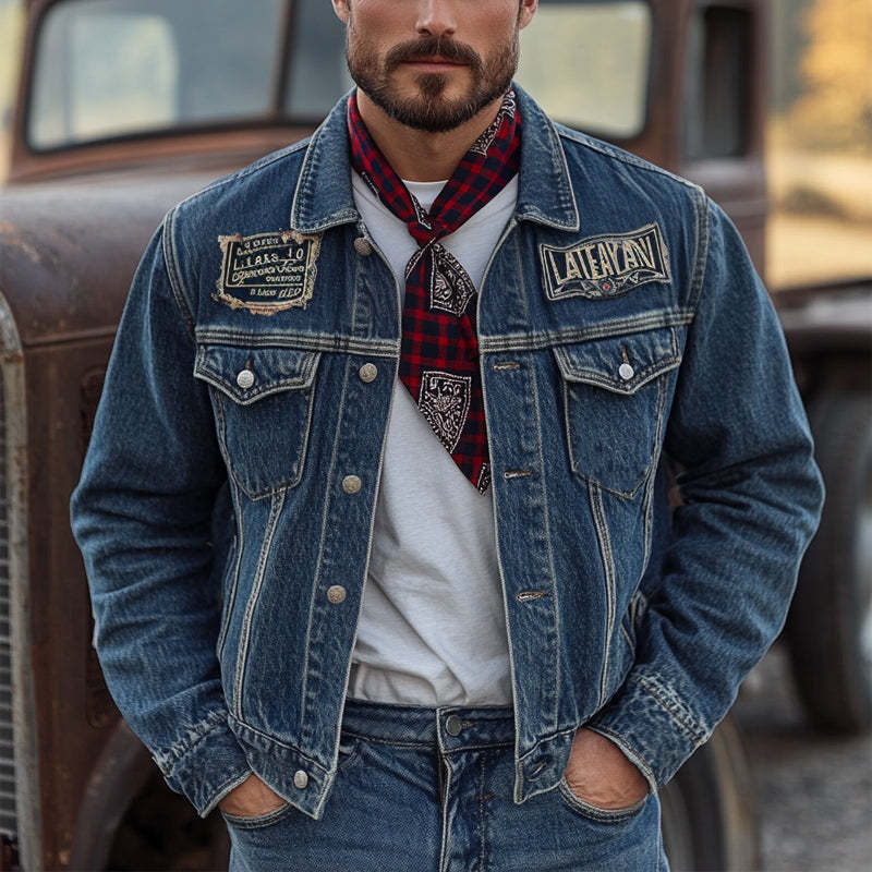 Men's Vintage Dark Blue Washed Denim Jacket