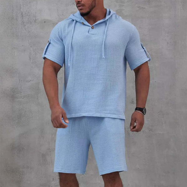 Men's Cotton And Linen Solid Color Short-Sleeved Shorts Two-Piece Set