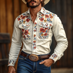Men's Western Cowboy Style Embroidered Lapel Chest Pocket Long Sleeve Cotton Shirt