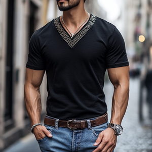 Men's Casual Cotton V-Neck Embroidered Slim Fit Short Sleeve T-Shirt