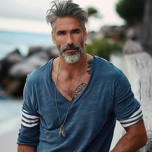 Lockeres Langarm-T-Shirt mit V-Ausschnitt und gestreiftem Patchwork für Herren