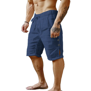 Einfarbige Shorts aus Baumwolle und Leinen mit Knöpfen für Herren