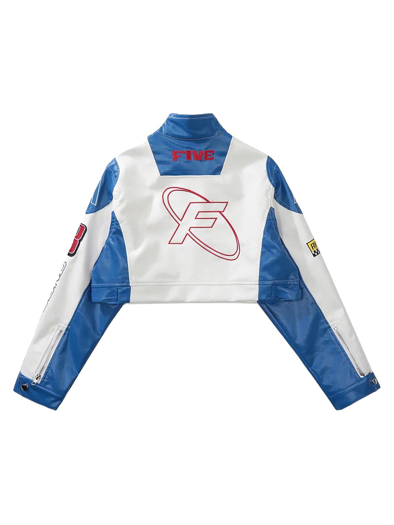 Badge Short PU Leather Racing Jacket