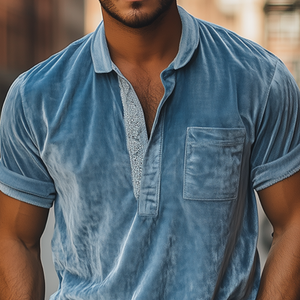 Men's Spring Fashion Deep V-Neck Sexy Lace Stitching Velvet Short-Sleeved POLO Shirt