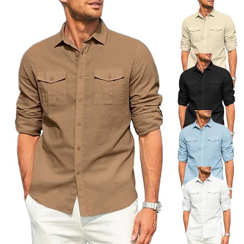 DOUBLE POCKET COTTON LINEN LONG SLEEVED SHIRT CASUAL VACATION SHIRT