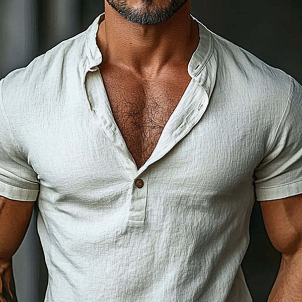 Men's Cotton Button Round Neck Pullover Short Sleeve T-Shirt
