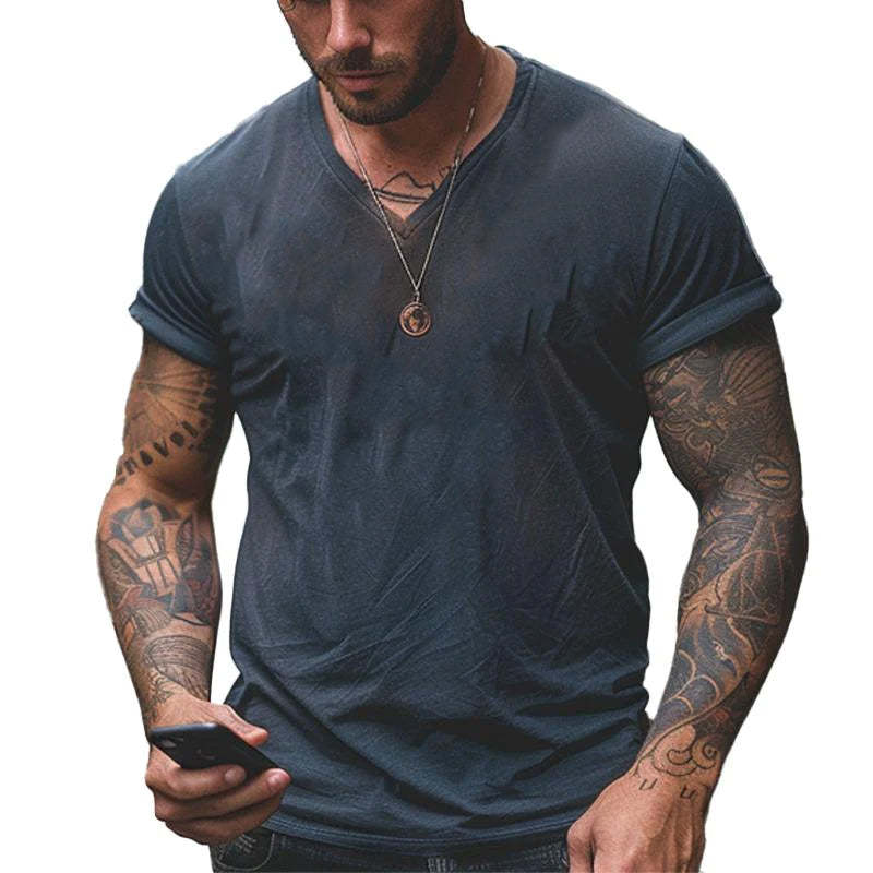 Men's Vintage Distressed V-neck Short-sleeved T-shirt