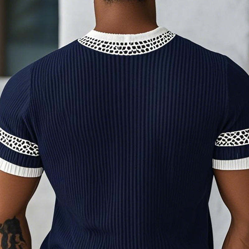 Men's Contrast Web Round Neck Knitted Short Sleeve T-Shirt