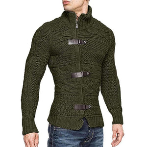 Men's Casual Stand Collar Zipper Cable Knitted Slim Cardigan