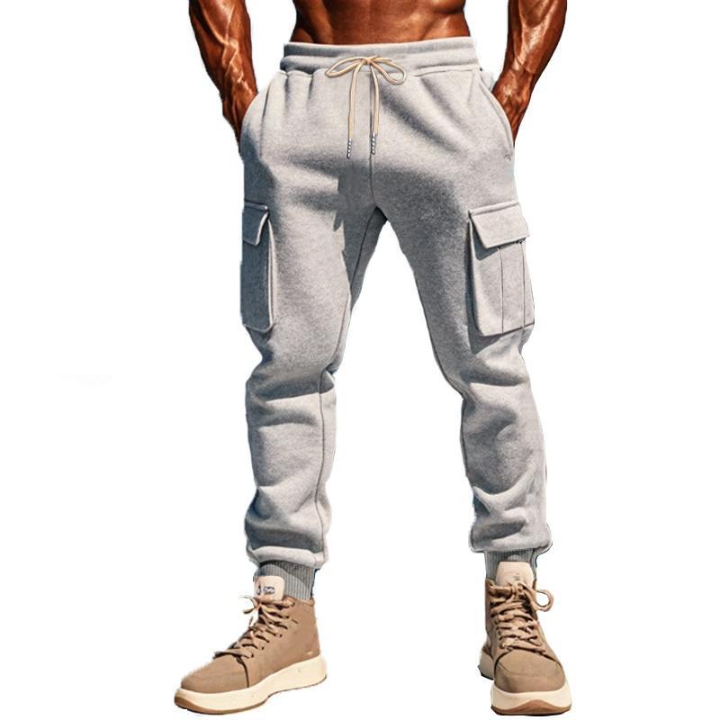 Einfarbige Sporthose aus Plüsch mit elastischer Taille und mehreren Taschen für Herren