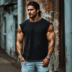 Men's Vintage Denim Heavy Wash Loose Round Neck Tank Top