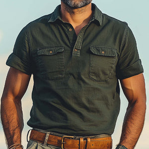 Men's Summer Distressed Polo Collar Double Pocket Casual T-Shirt