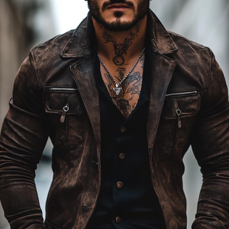 Men's Vintage Distressed Suede Lapel Chest Pocket Single Breasted Jacket