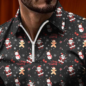 Herren-Poloshirt mit weihnachtlichem Retro-Blumendruck und langen Ärmeln