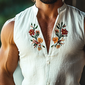 Lässiges, ärmelloses Retro-Hemd für Herren mit besticktem Stehkragen