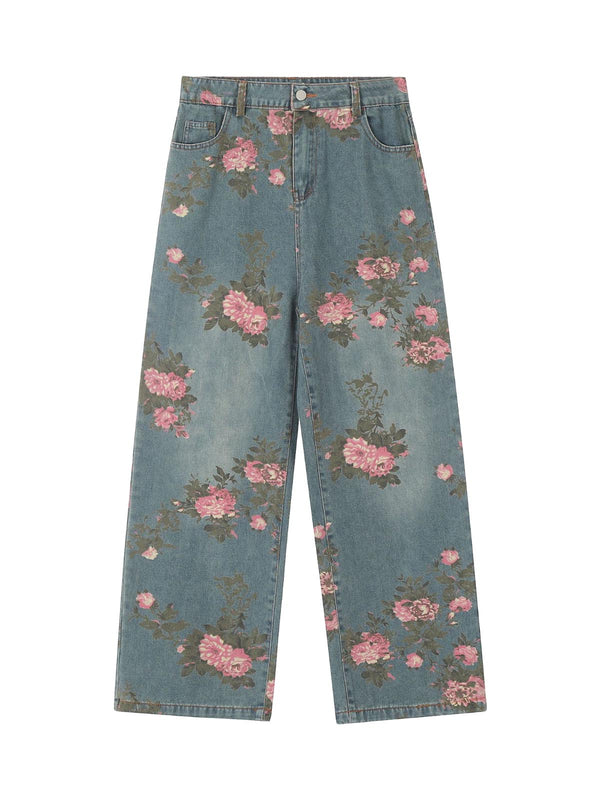 Floral Print Straight Jeans