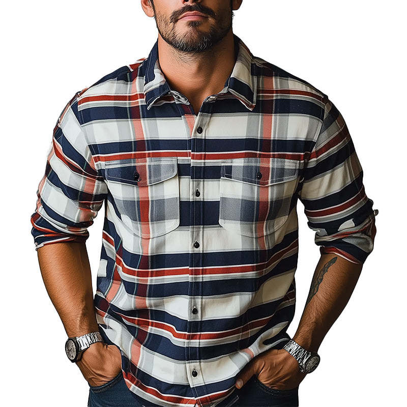 Men's Early Spring Fashion Retro Plaid Print Long Sleeve Shirt