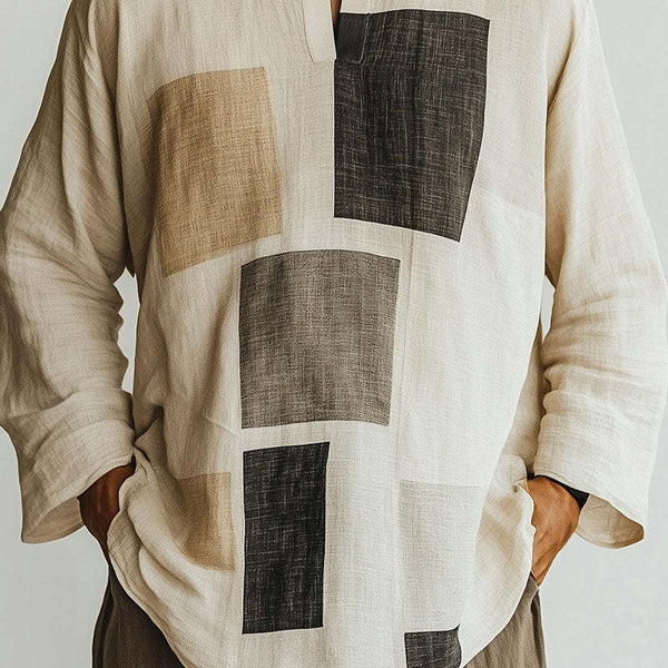 Men's Geometric Print Long Sleeve Open Collar T-Shirt