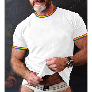 Herren-T-Shirt mit Regenbogenstreifen und Patchwork-Muster, Rundhalsausschnitt, kurzärmelig