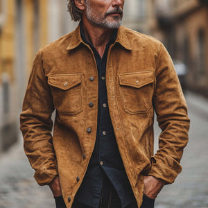 Men's Vintage Khaki Suede Long Sleeve Shirt