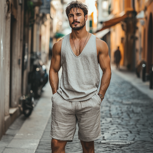 Men's Casual Linen V-neck Loose Tank Top Elastic Waist Shorts Set