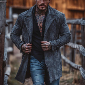 Mittellanger Windbreaker-Trenchcoat für Herren in Volltonfarbe mit Revers aus Wildleder