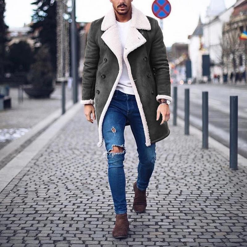 Men's Vintage Suede Polar Fleece Warm Notch Lapel Double Breasted Coat