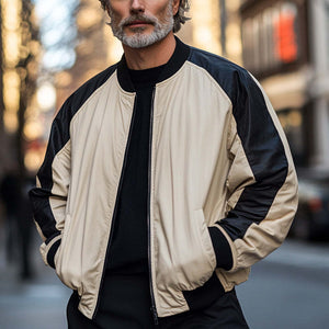 Men's Retro Black Camel Colorblock Zipper Baseball Jacket