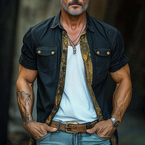 Herren-Jeanshemd mit Retro-Western-Print und kurzen Ärmeln