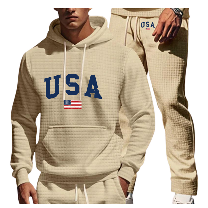 USA FLAG JACQUARD SMALL GRID LONG SLEEVED LONG PANTS HOODED SET