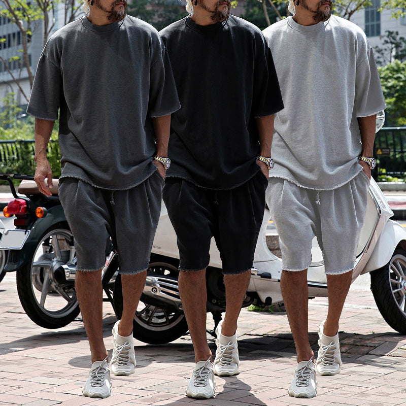 MEN'S SOLID LOOSE ROUND NECK SHORT SLEEVE T-SHIRT SHORTS CASUAL SET